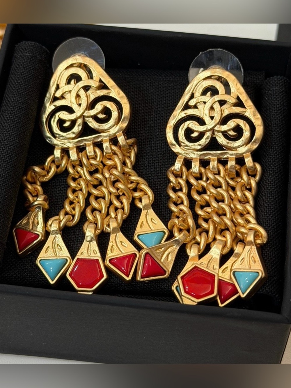 Double C Logo Drop Swing Ornate Chain Turquoise with Red Stone Earrings